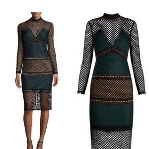 Self-Portrait Black and Green Mesh Long Sleeve Dress